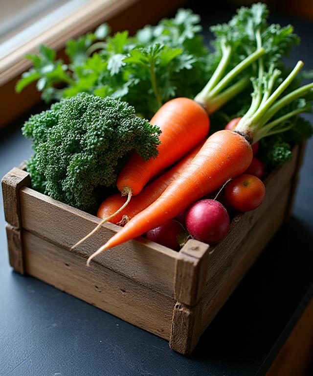 Wooden crate overflowing with fresh organic vegetables and fruits