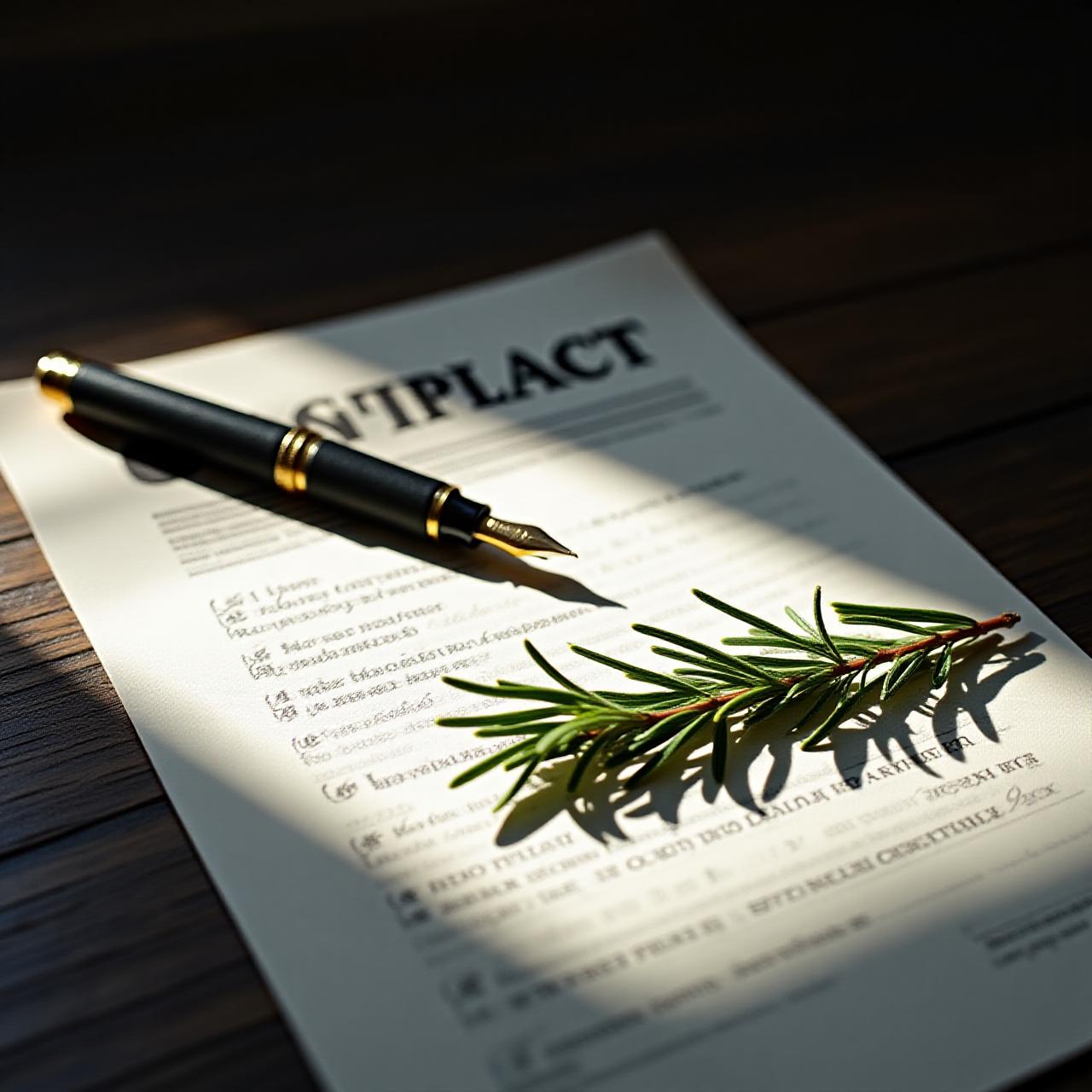 Legal documents with a fresh sprig of rosemary
